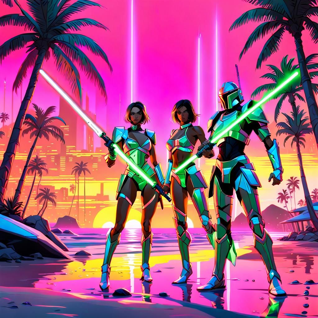 Surreal Futuristic Warriors Engage in Intense Beachside Batt...