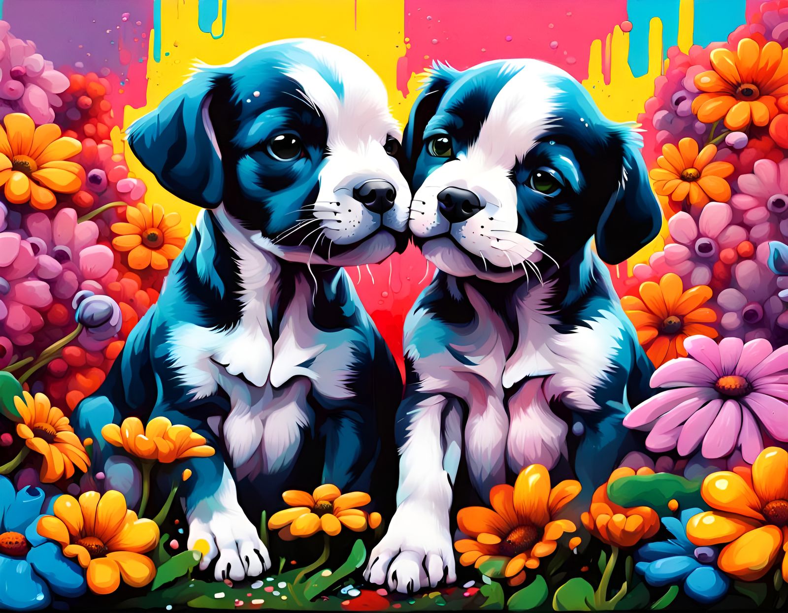 Puppies Kissing in Flowers: Graffiti Art