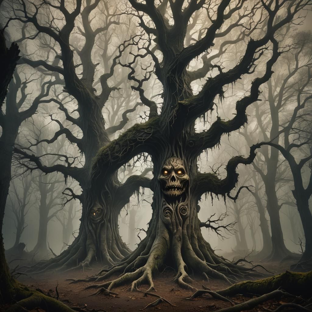 Eerie Tree with Face in Misty Forest