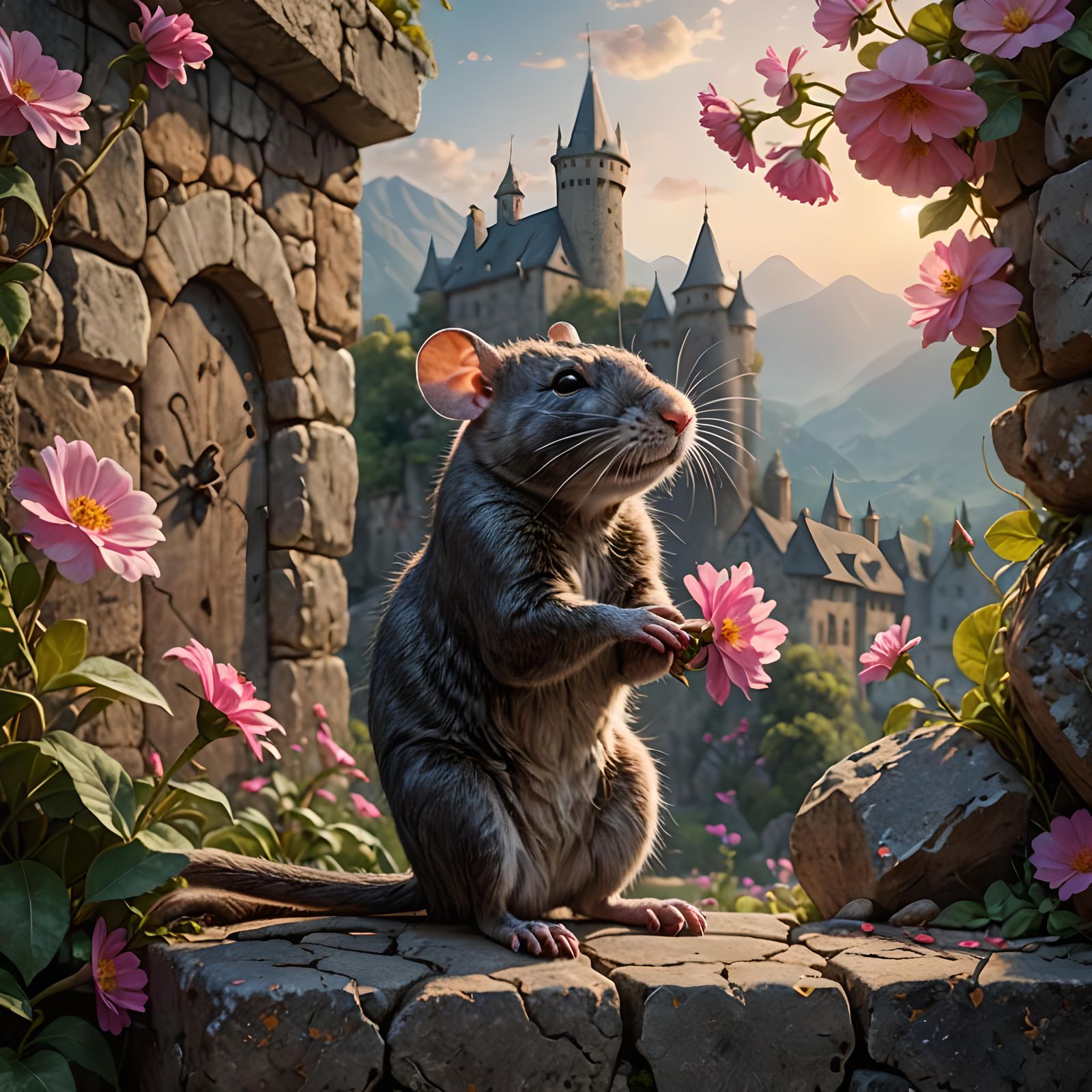 Rat Eating a Flower in Morning Light