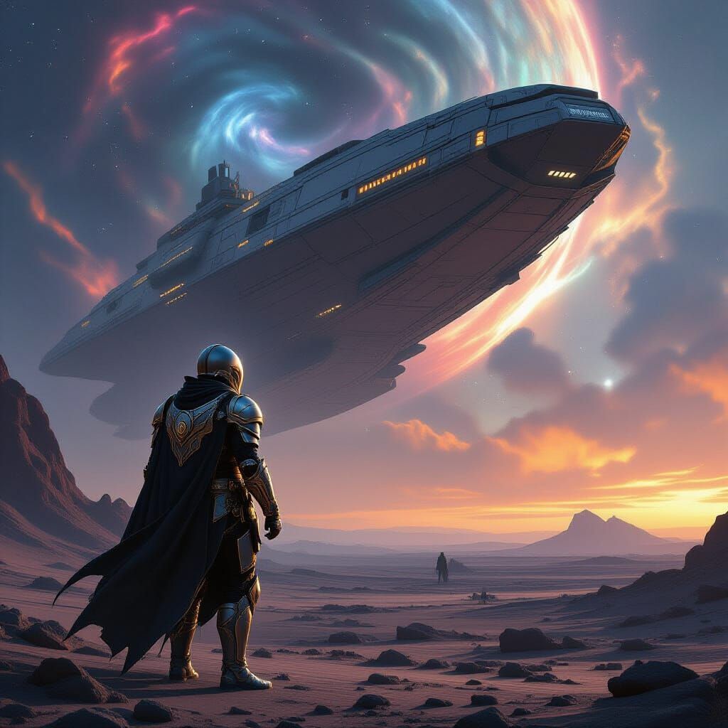 Warrior on Alien Planet Gazing at Derelict Spaceship