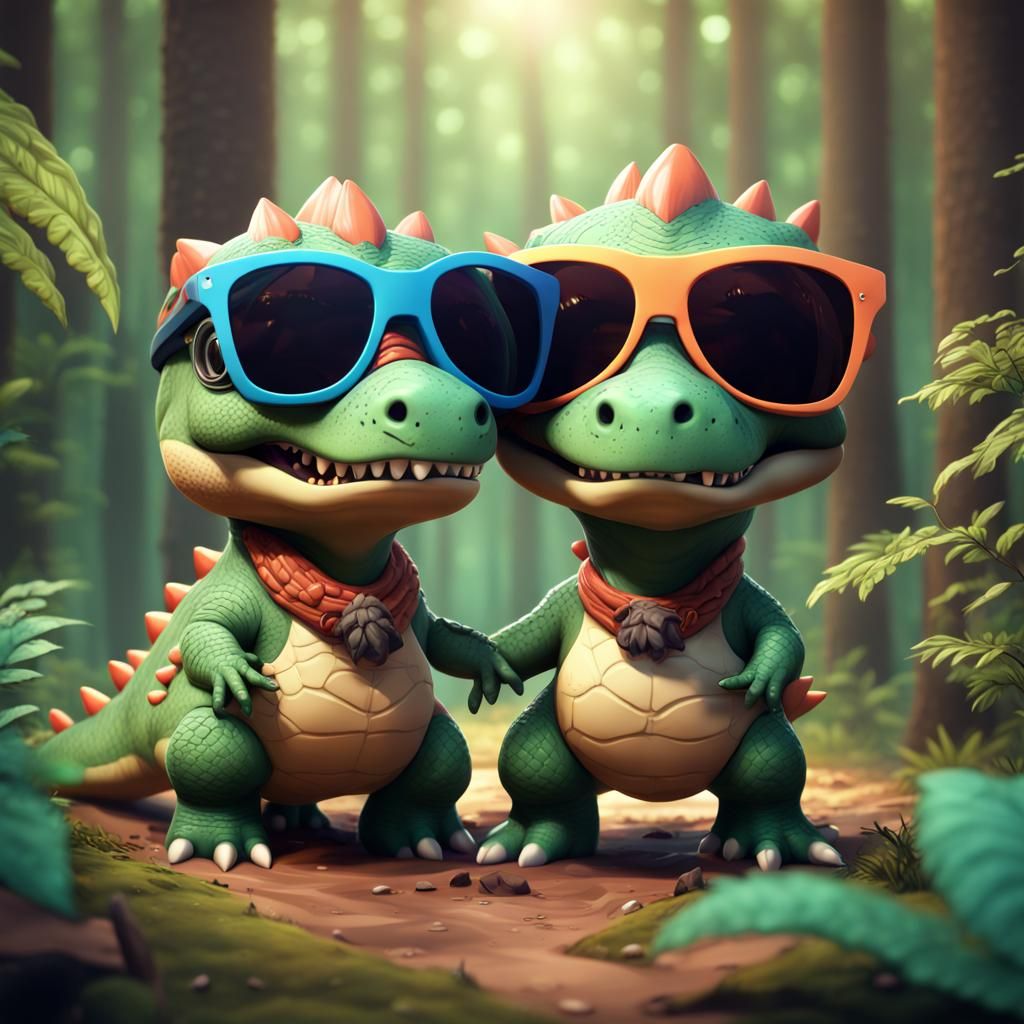 Chibi Dinosaur Couple in Forest: Fantasy Concept Art