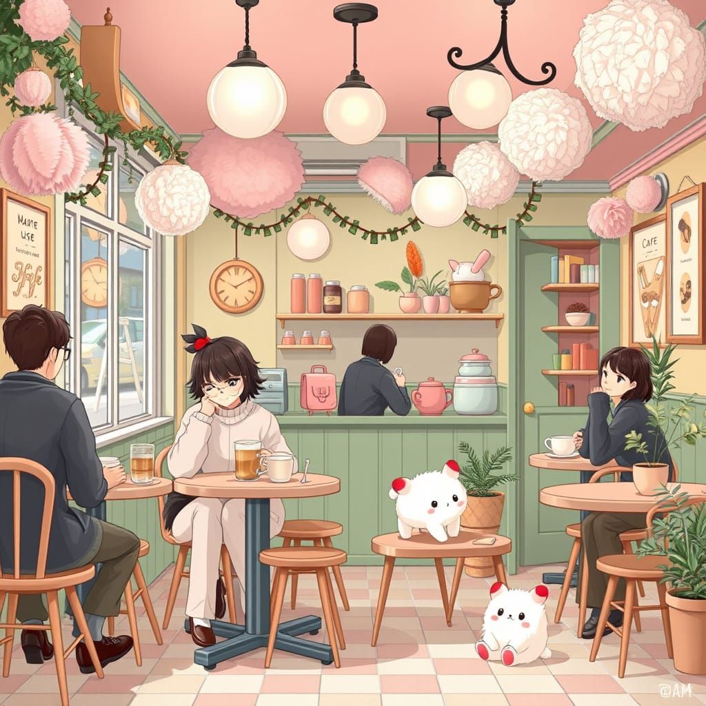 Kawaii Coffee Cafe Scene in Pastel Colors