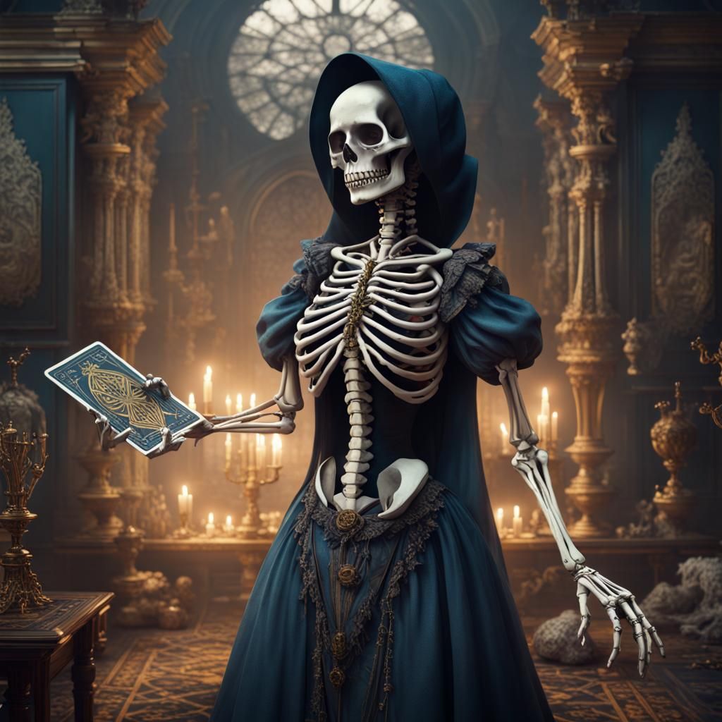 Skeleton Woman Flipping Tarot Cards: Detailed Matte Painting