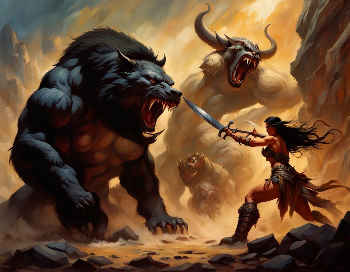 Barbarian Woman Battles Beast in Fantasy Art Style