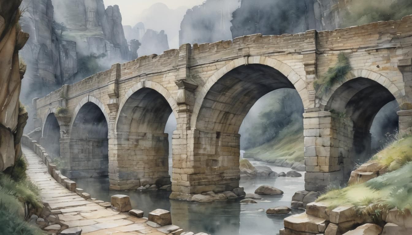 Ancient Stone Bridge in Wet-Wash Watercolour Style