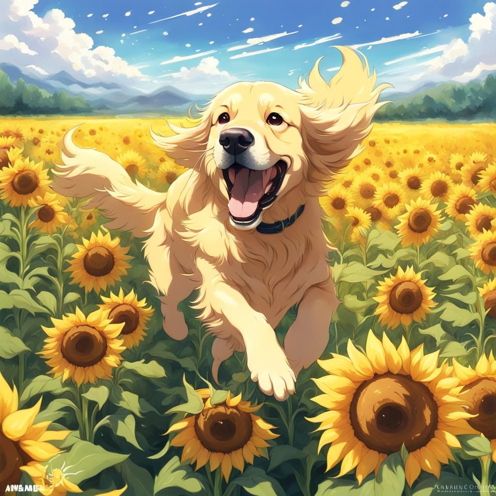 Golden Retriever Leaps Through Sunflowers: Anime Key Visual