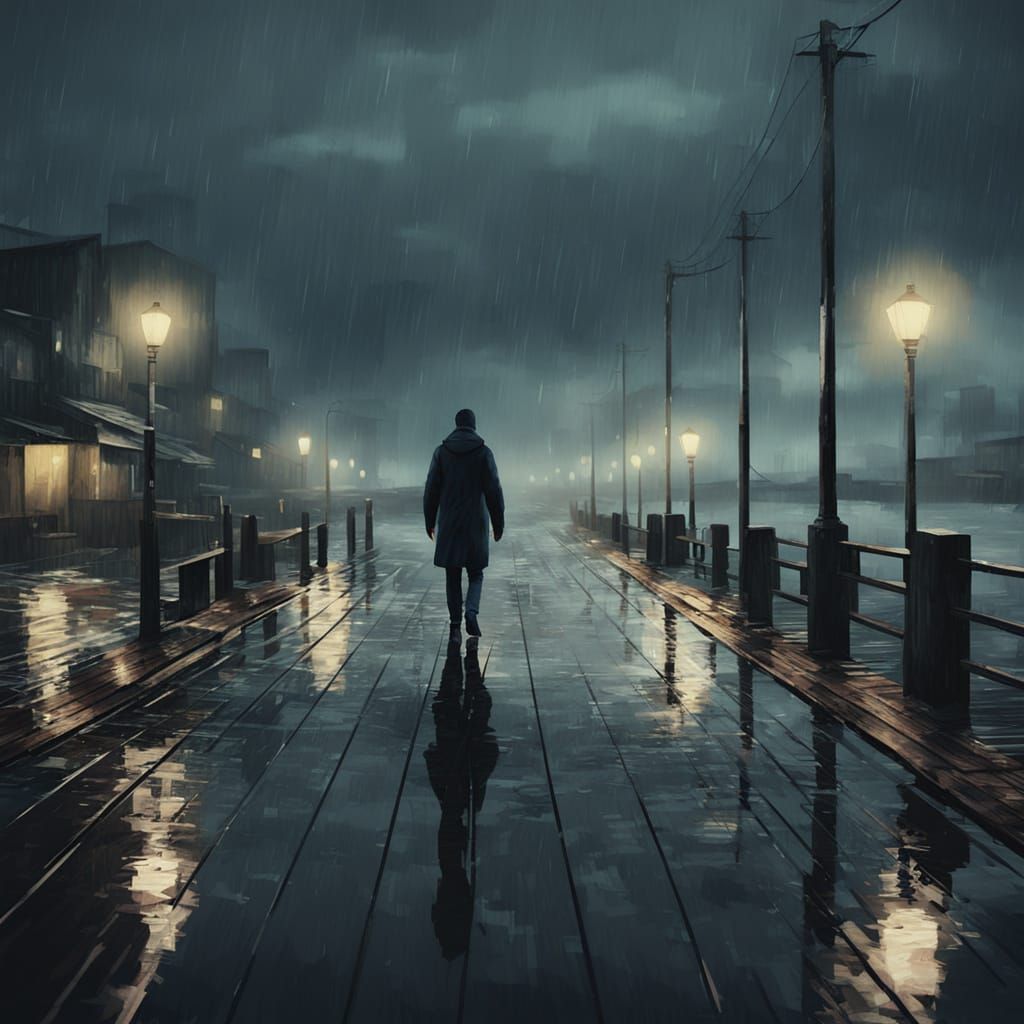 Gloomy Seaport at Dusk: Moody Oil Painting