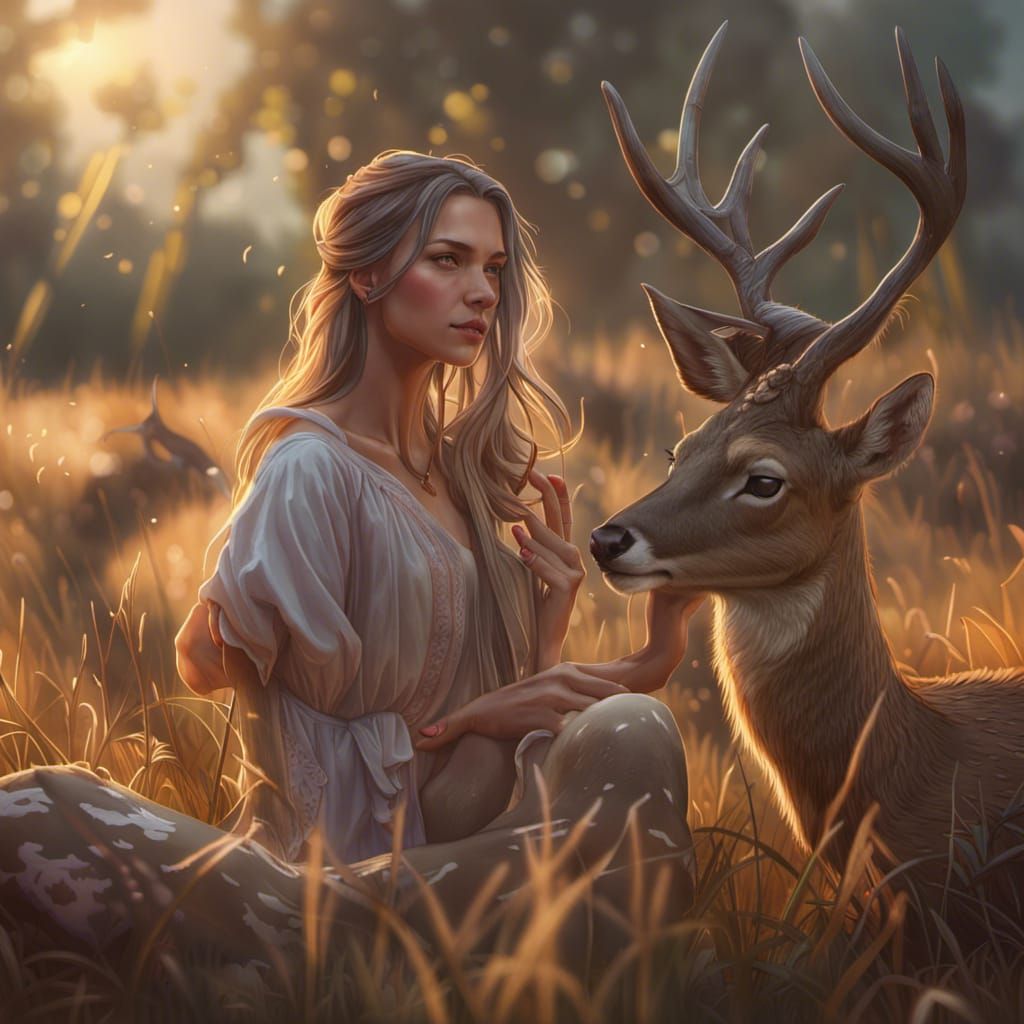 Girl and Deer in Field: Digital Concept Art