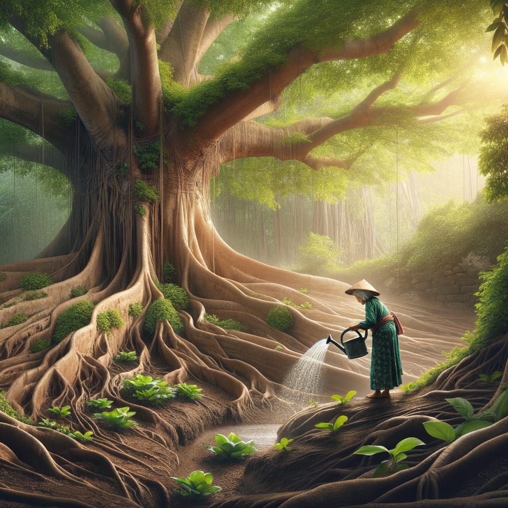 Asian Woman Waters a Large Tree