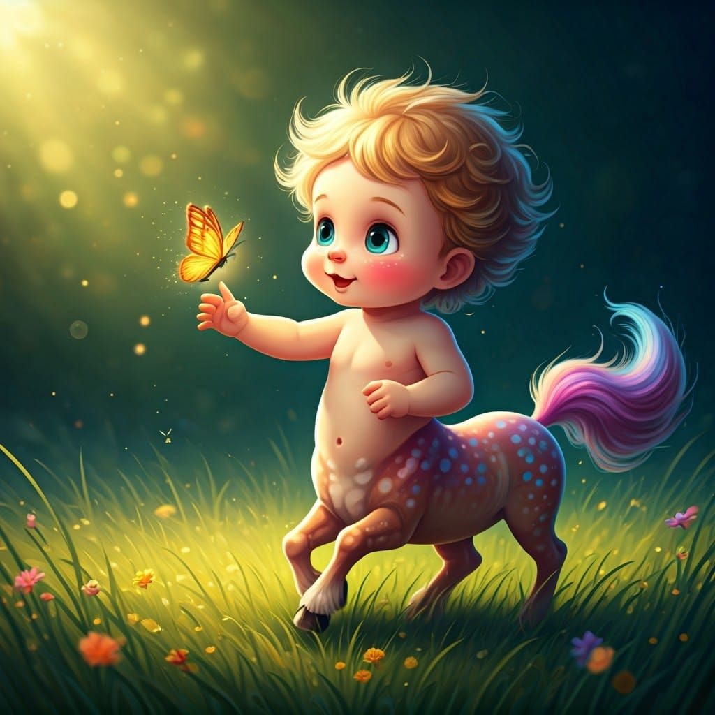 Adorable Baby Centaur Chasing Butterfly