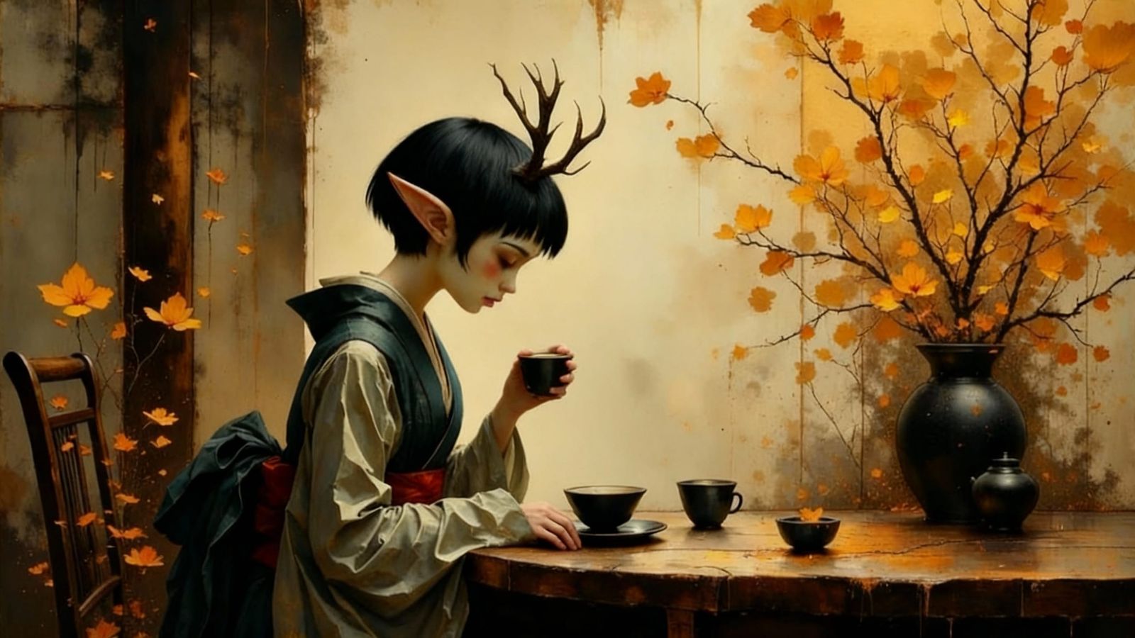 Geisha Serving Tea With Elven Ears and Antlers