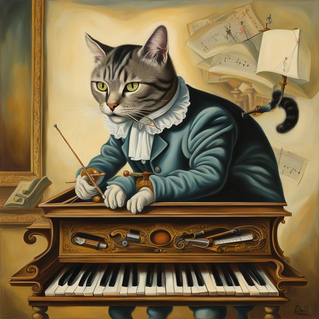 Cat as Edwardian Fop Plays Harpsichord, Dali Surrealism