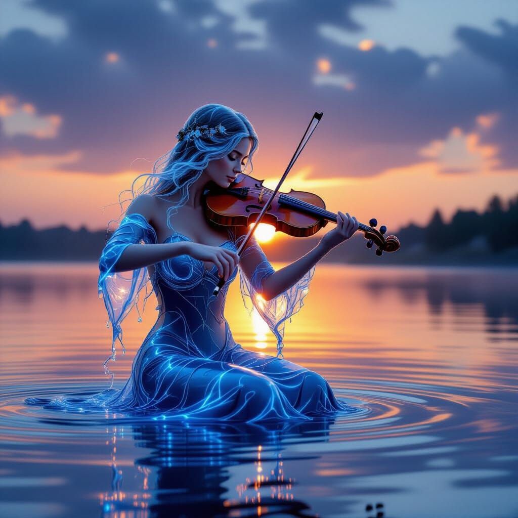 Ethereal Water Musician Plays Crystal Violin at Sunset