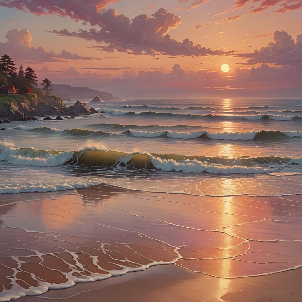Serene Sunset Beach in Digital Art Style