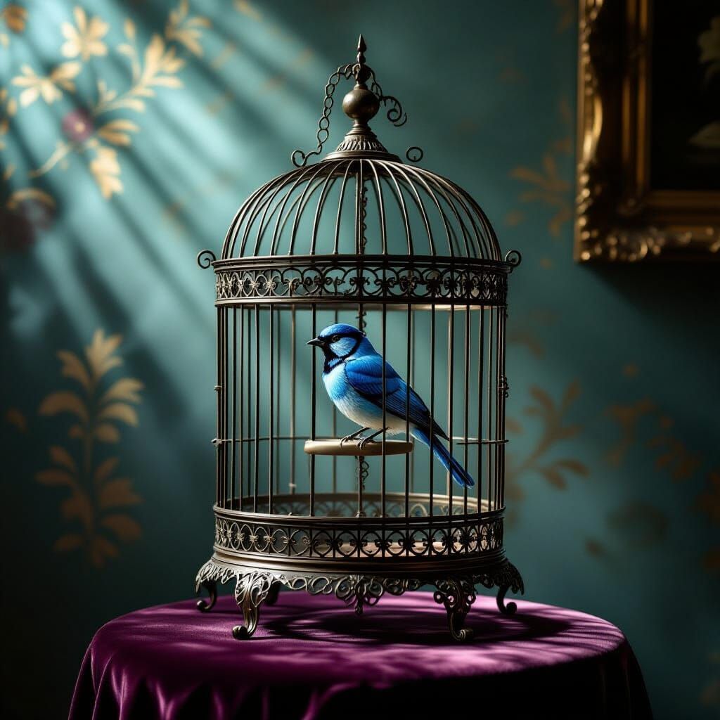 Antique Birdcage with Blue Bird in Dutch Master Style