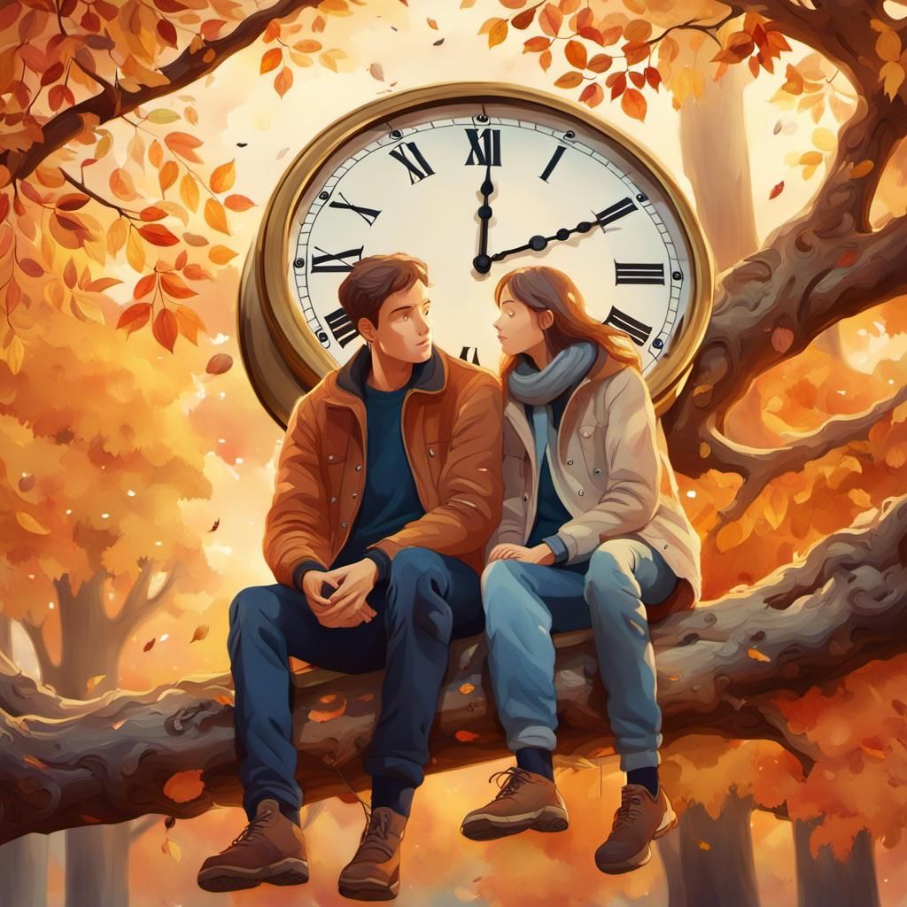 Romantic Couple with Clock in Autumnal Watercolor