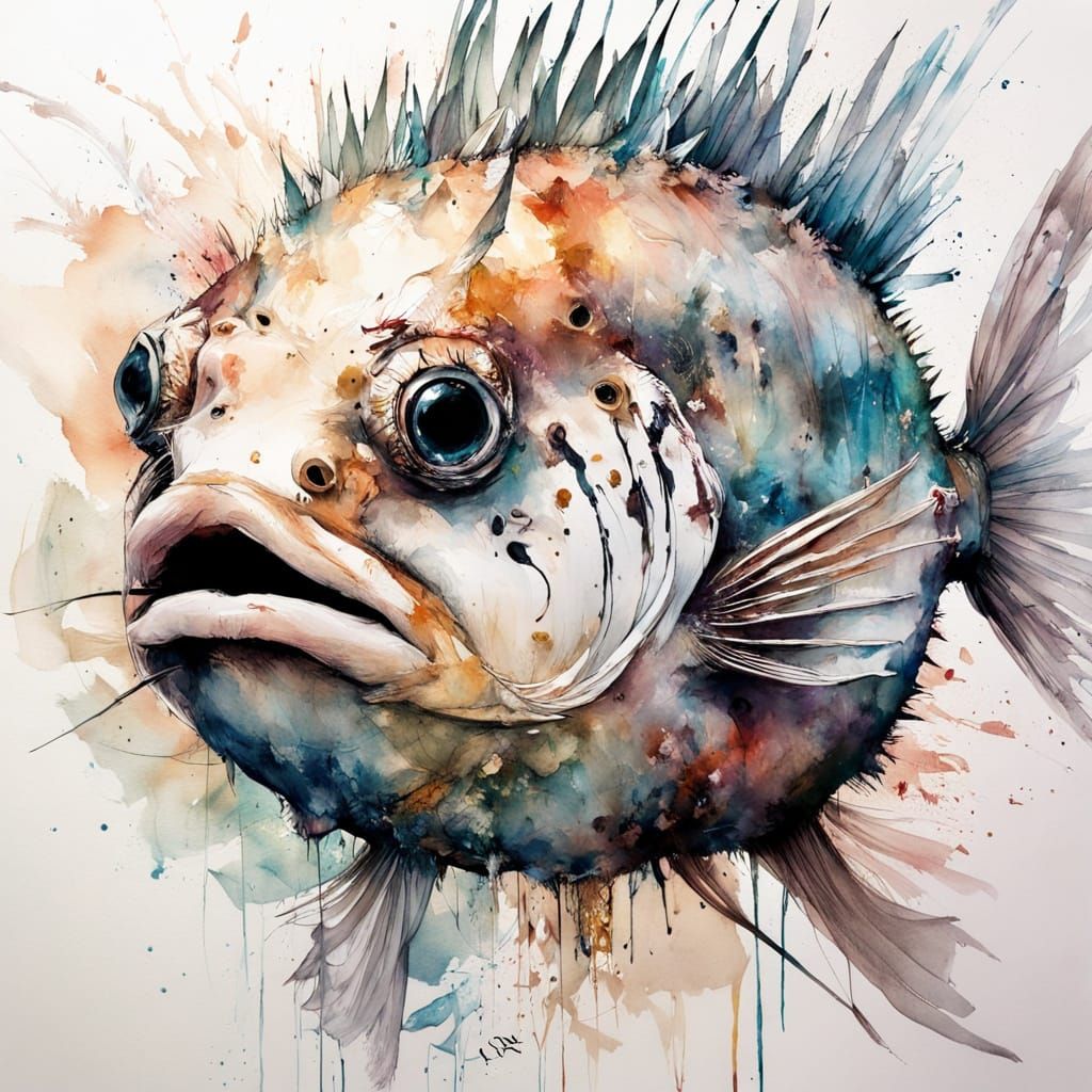 Pufferfish Inflating in Coral Reef, Watercolour Style