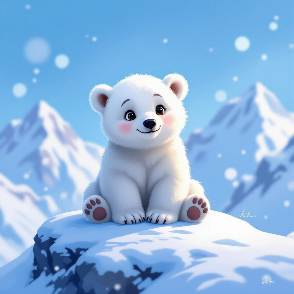 Cute Polar Bear Cub on Snowy Peak in Painterly Style