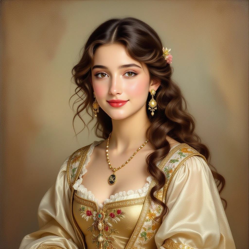 Renaissance Portrait of Noble Woman in Gold and Beige