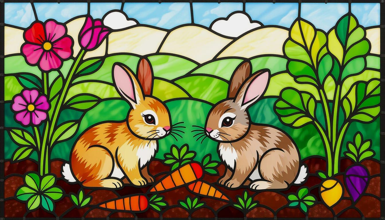 Cute Bunnies Munching in Garden, Stained Glass Mosaic Art