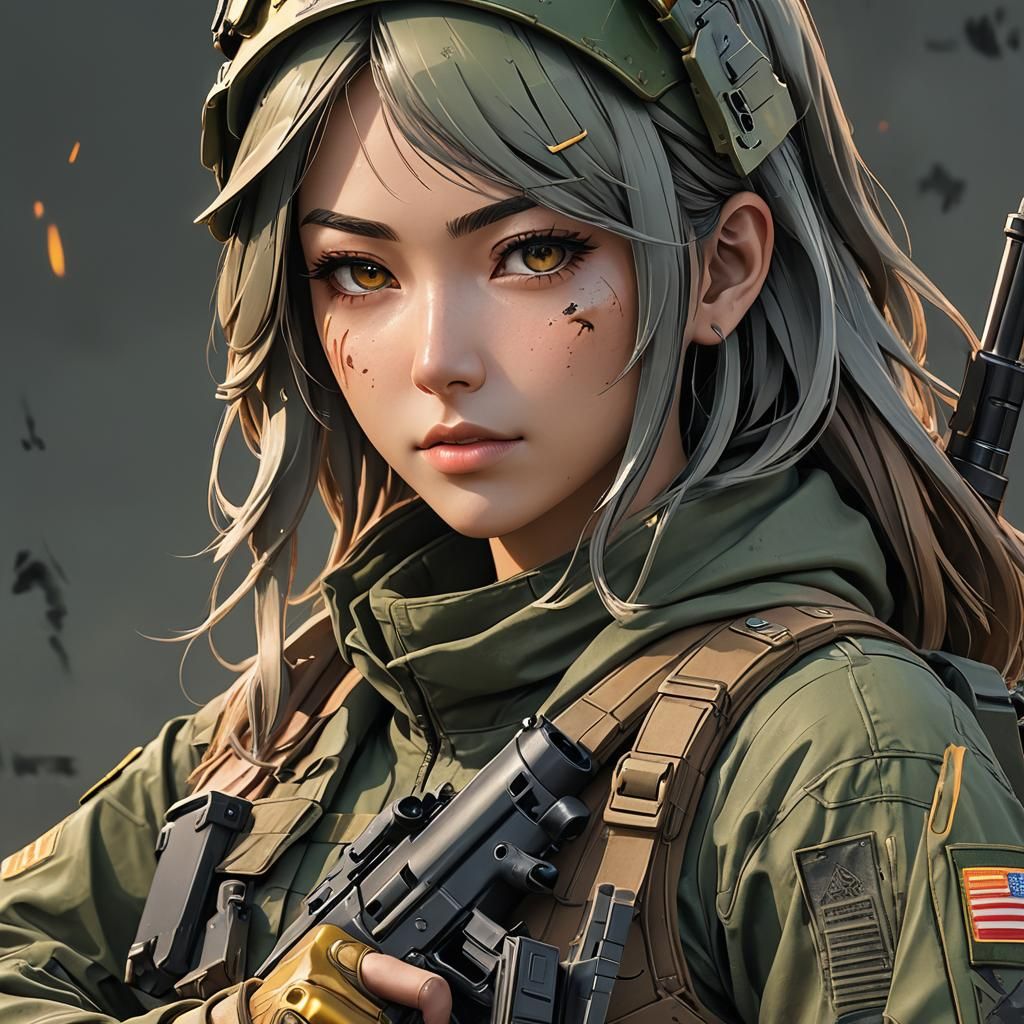 Anime Girl Soldier with AK-47 in 3D Render