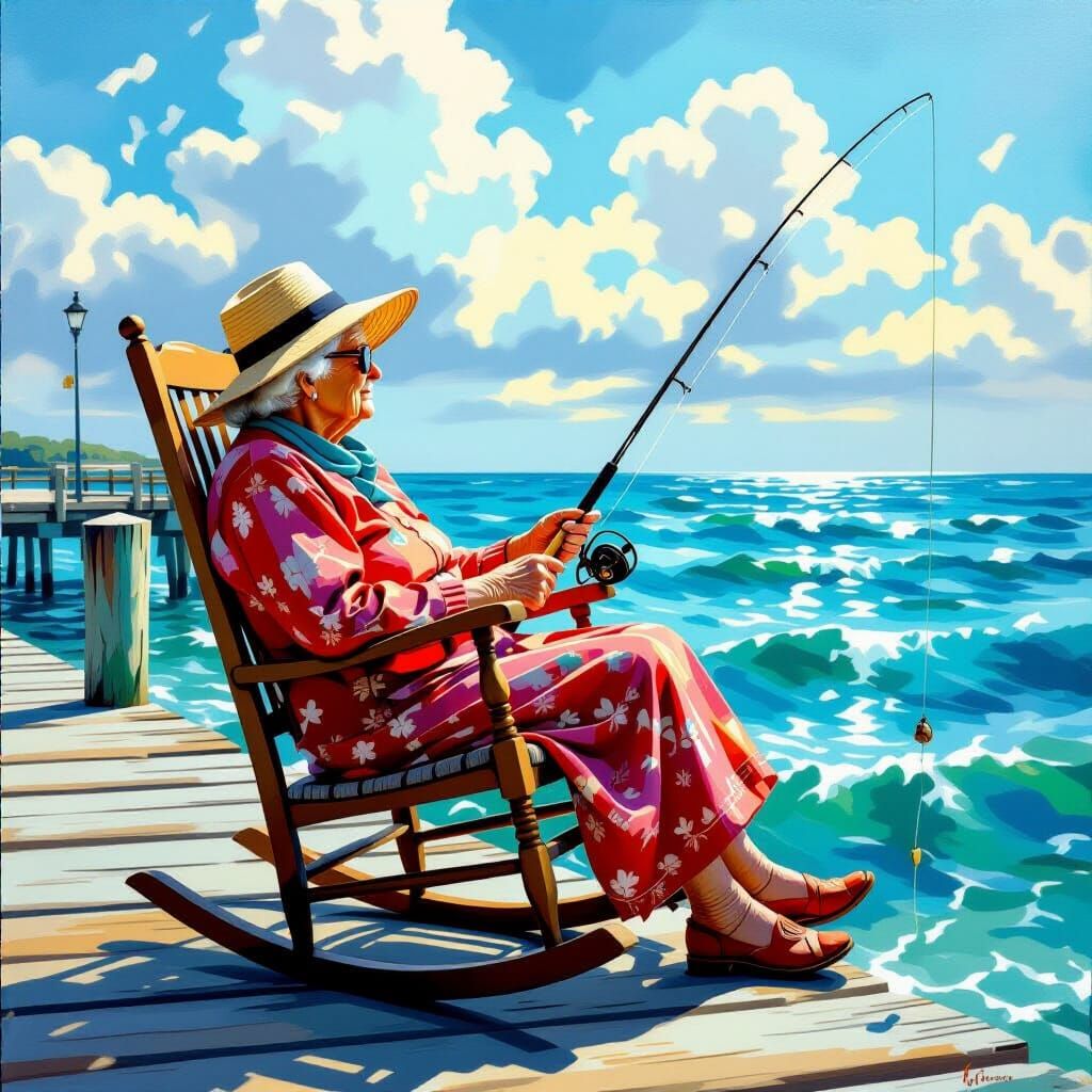 Fisherwoman's Nap: Ultra-Realistic Oil Painting on Sea Pier