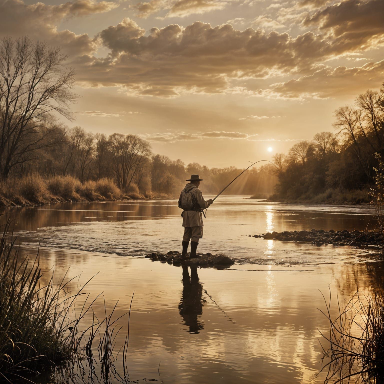 Fisherman Silhouette at Sunrise in Sepia