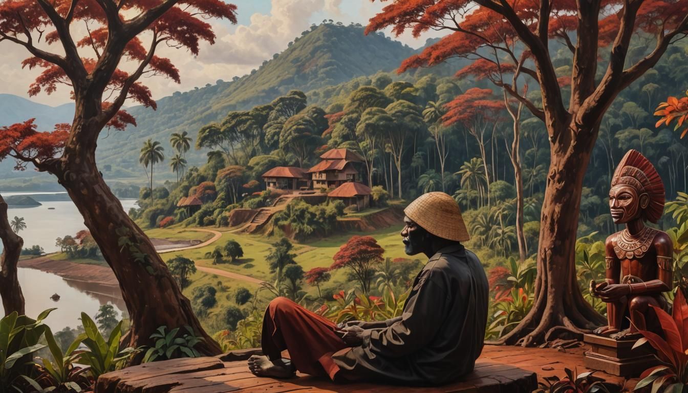 Congo Resort Overlooking Tranquil Lake: Oil Painting