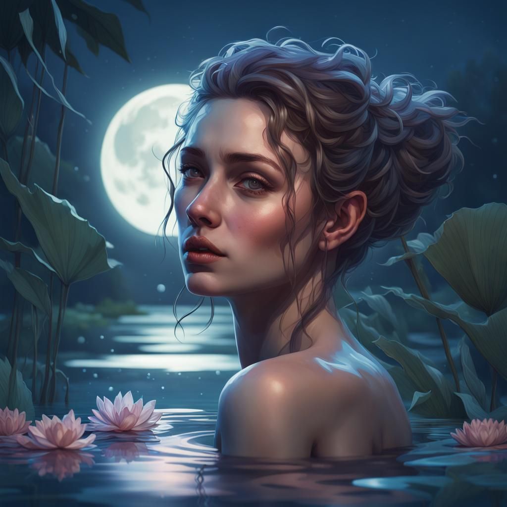 Moonlit Woman in Pond: Hyperdetailed Splash Art