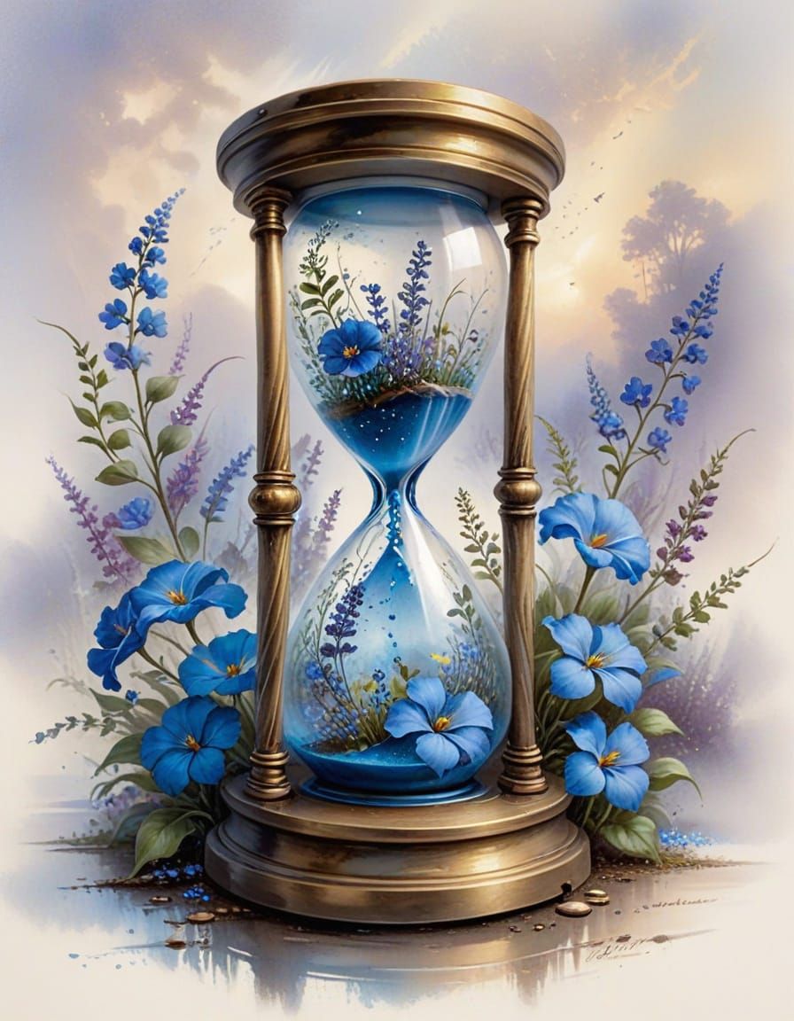 Antique Hourglass with Blue Flowers in Watercolour