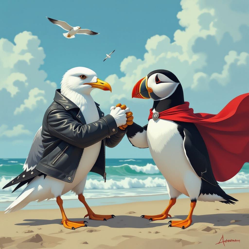 Seagull and Puffin Epic Battle in Hyper-Realistic Style