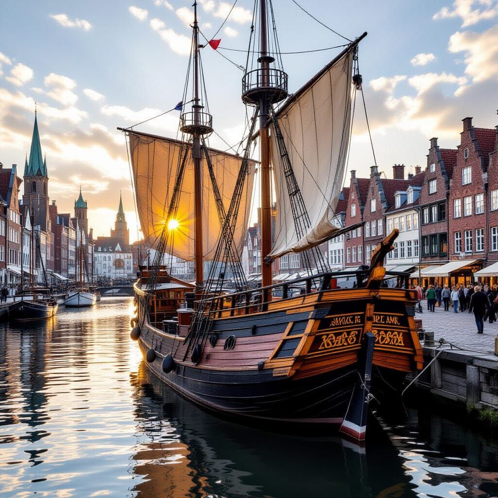 Medieval Cog Ship at Bustling City Pier, Realistic Style