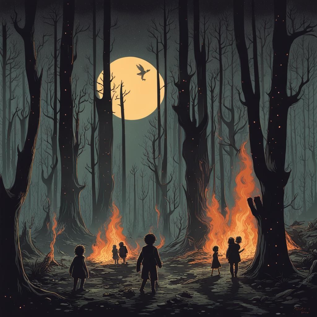 Pixies Dance in Burning Forest at Night