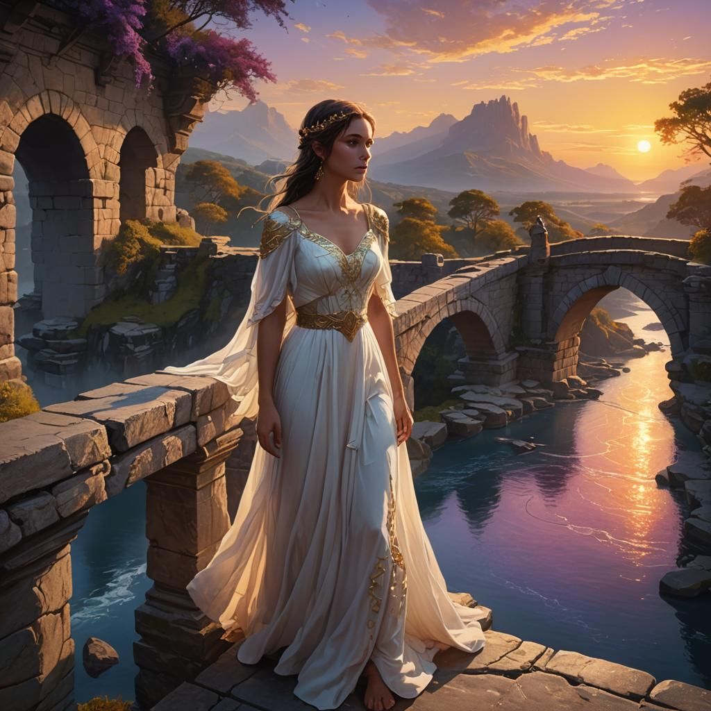 Girl on Mystical Bridge at Sunset: Fantasy Art