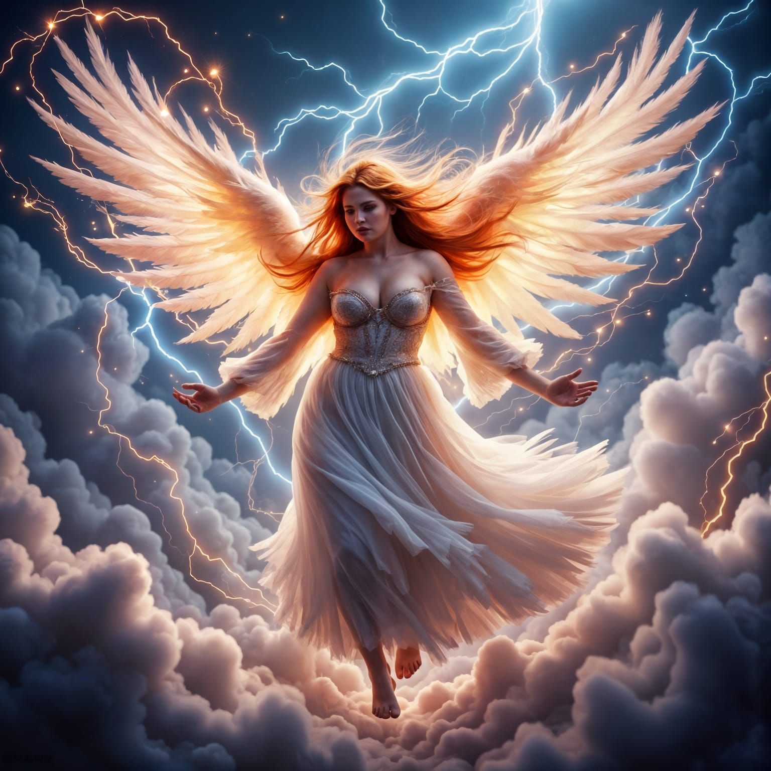 Majestic Angel in Fiery Red Hair, Flowing White Gown, and De...