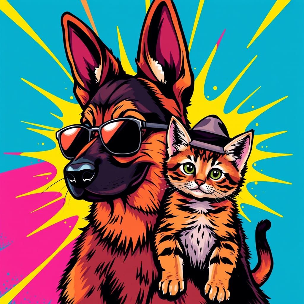 Vibrant Pop Art German Shepherd and Kitten Duo