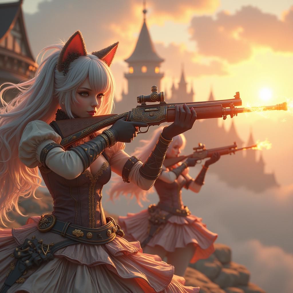 Catgirls Assault Castle at Sunset in Anime Style