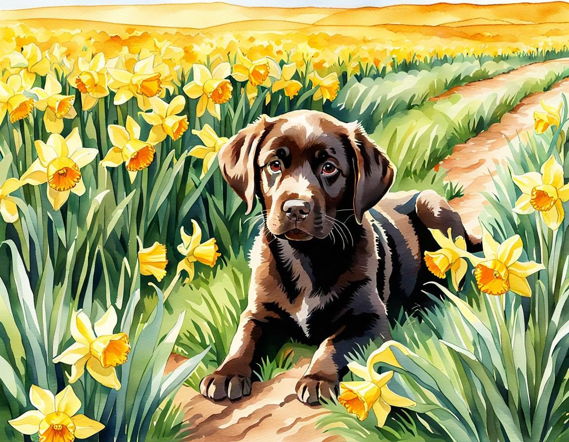 Watercolor Labrador Puppy in Daffodil Field