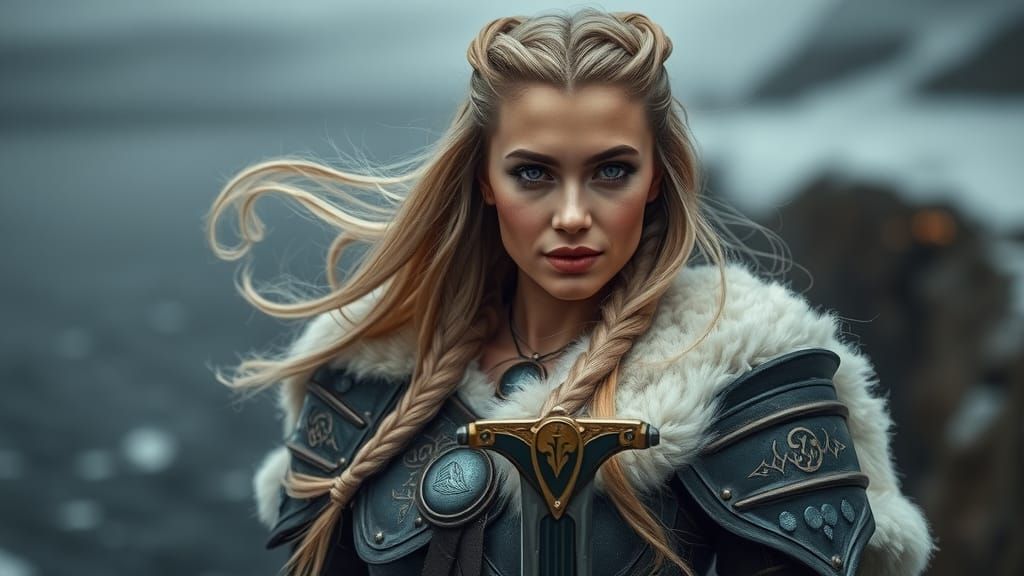 Viking Warrior on Windswept Cliff with Glowing Tattoos