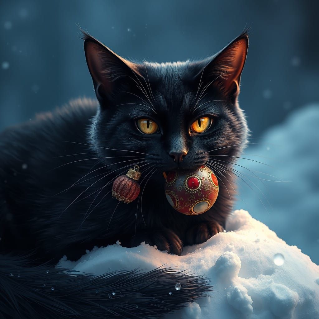 Whimsical Black Cat Surrounded by Snowy Wonders