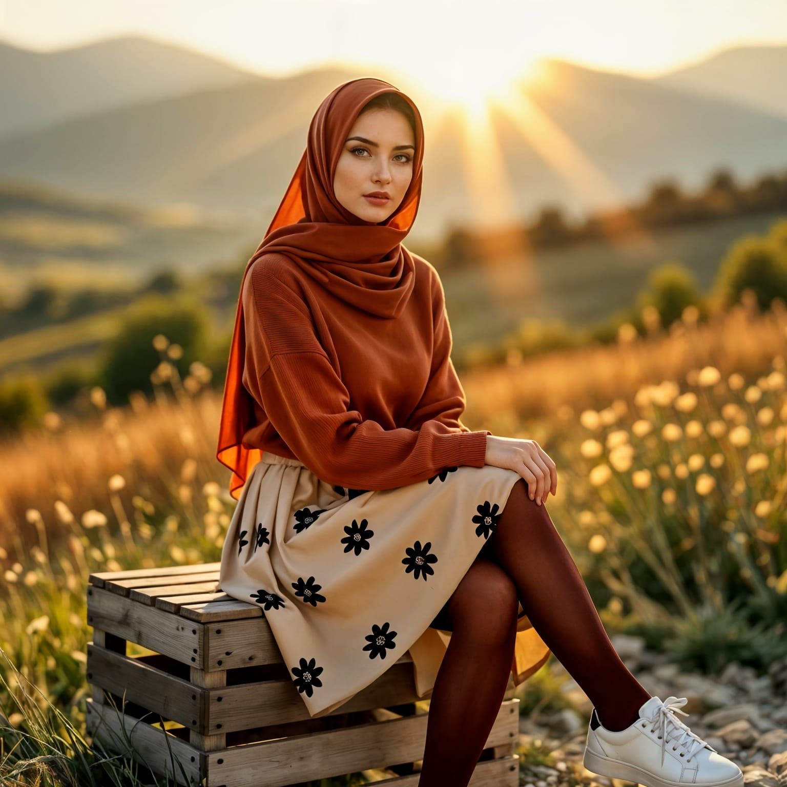 Albanian Woman in Hijab Sits on Crate in Countryside