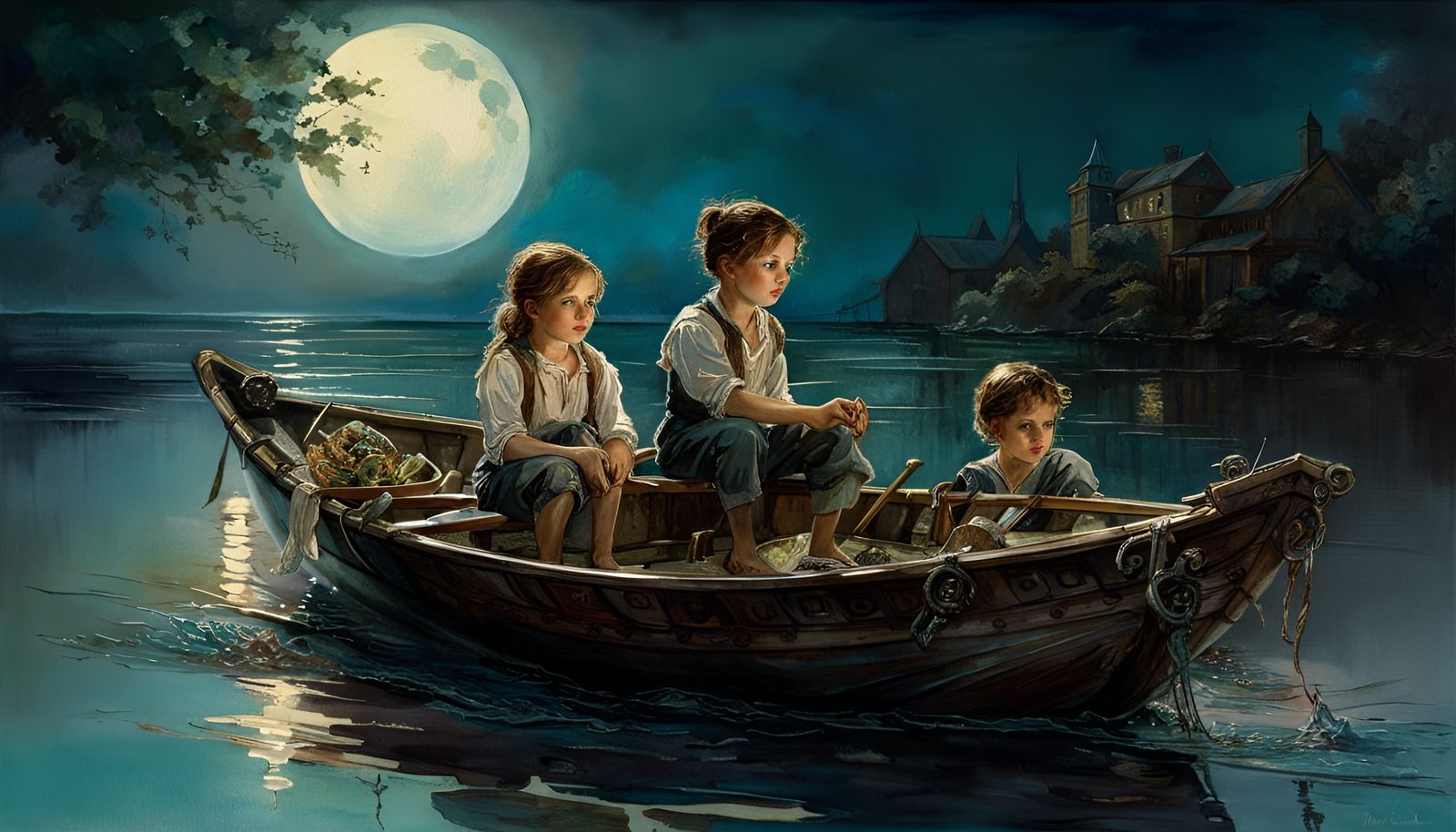 Children in Rowboat, Folk Art Watercolor Painting