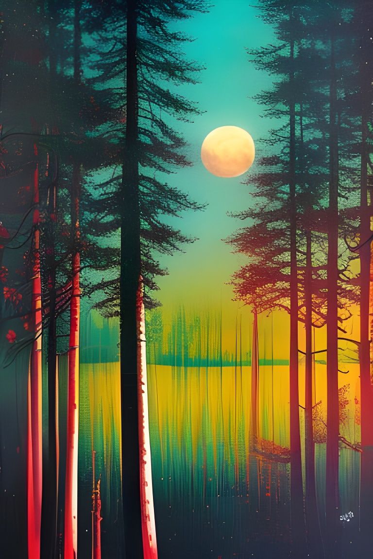 Moonlit Lake: Colorful Forest Painting in Fine Art Style