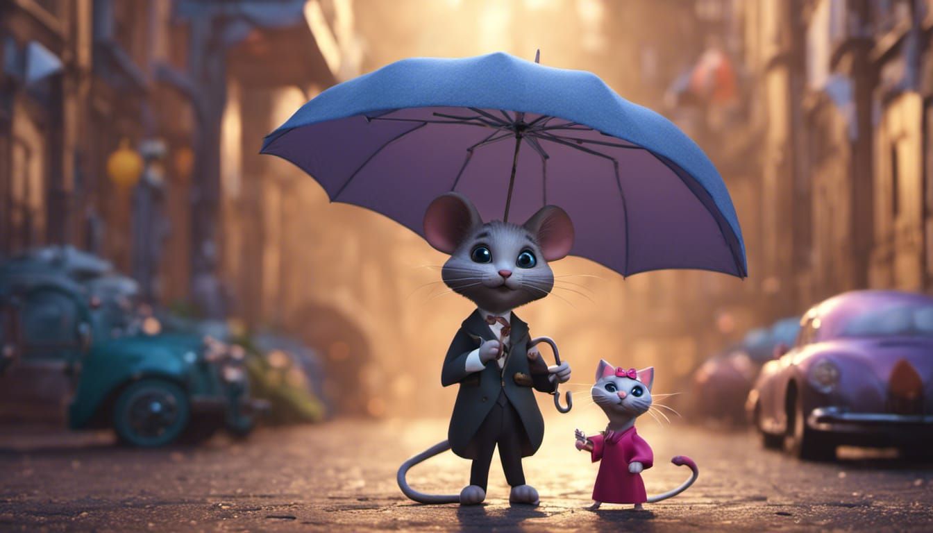 Mouse Gentleman Offers Umbrella to Kitten Princess