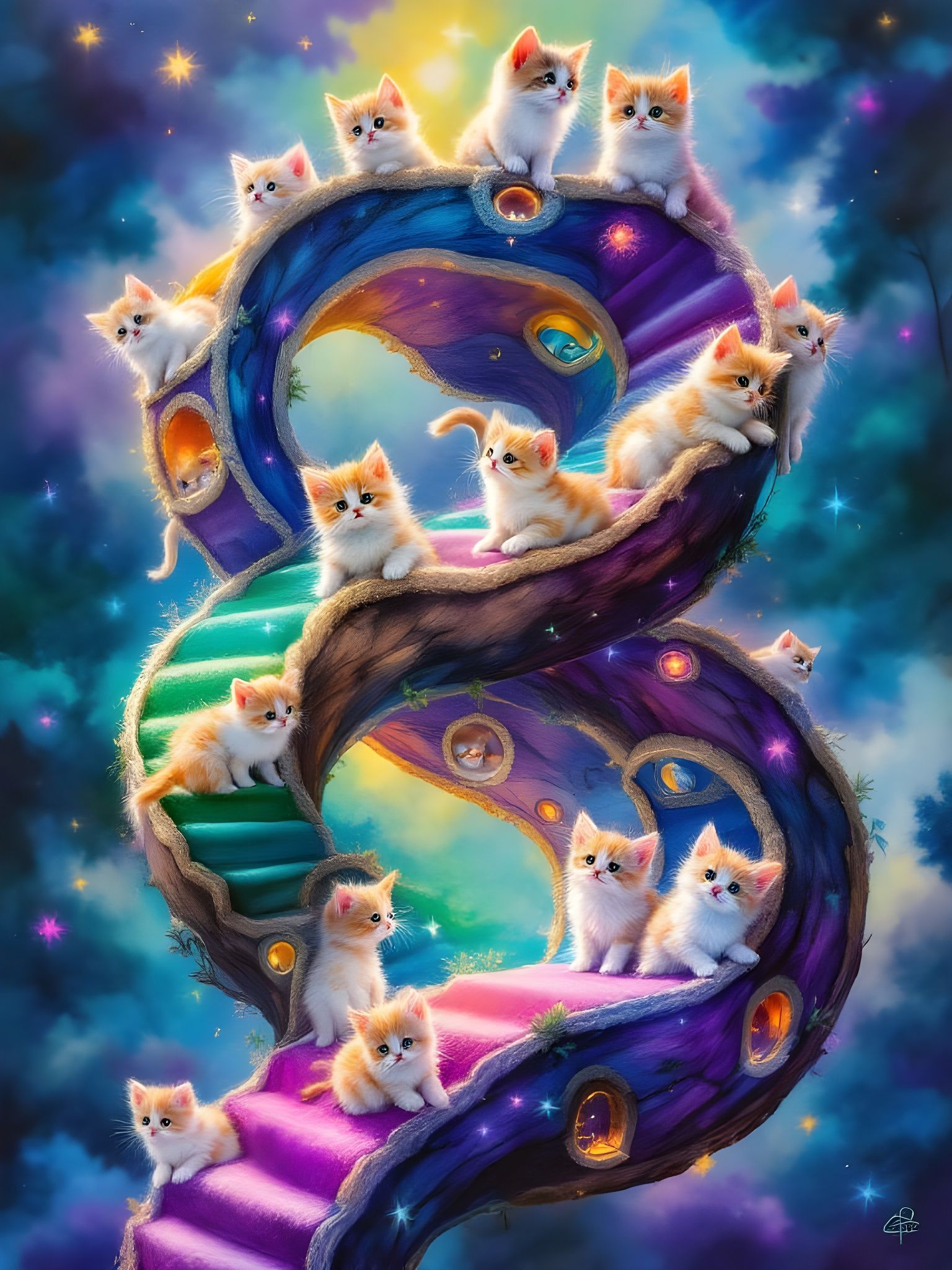 Futuristic Feline Oasis in Vibrant Purple and Green