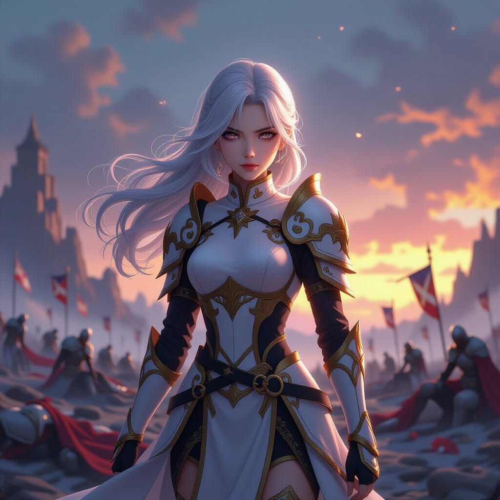 Heroic Warrior Woman Stands on Battlefield in Anime Style