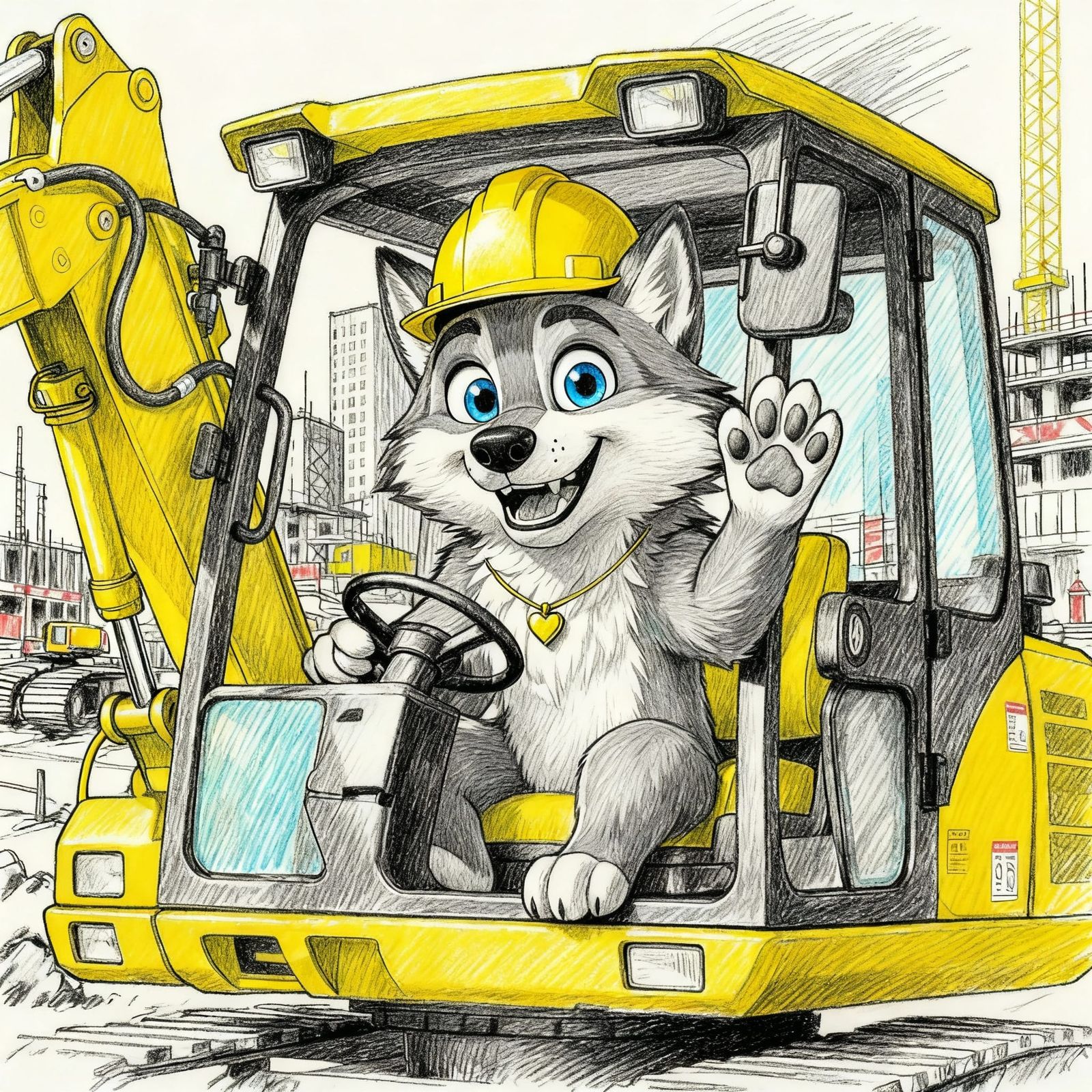 Wolf in Hard Hat Operates Excavator in Comic Crayon Style