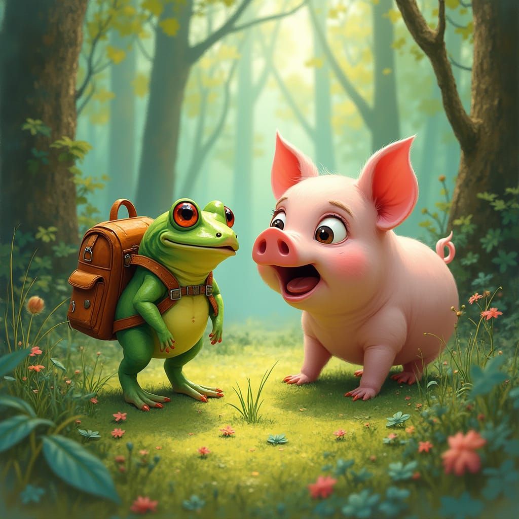 Surprised Frog and Pig in Whimsical Forest
