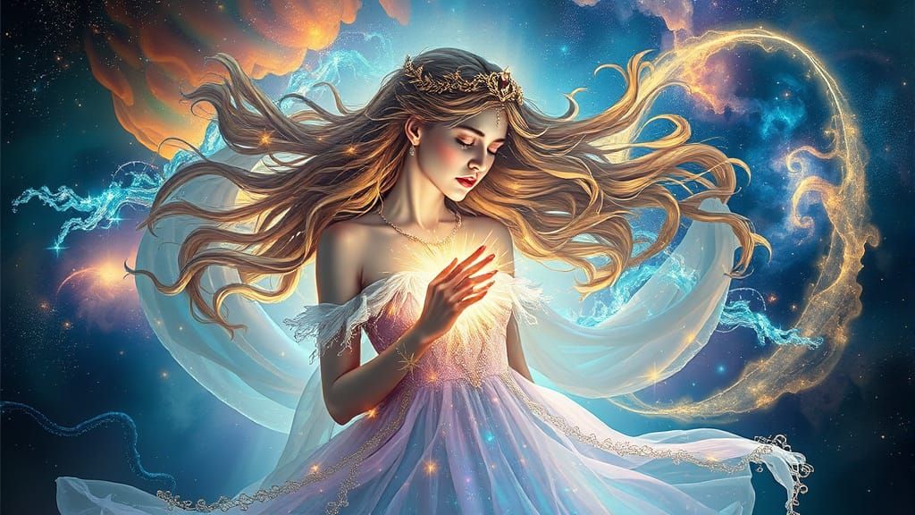 Goddess Weeping Light in Nebula, Dreamy Ethereal Art